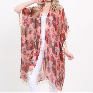 NEW Pink Floral Tassel Fringe Kimono Cover Up
